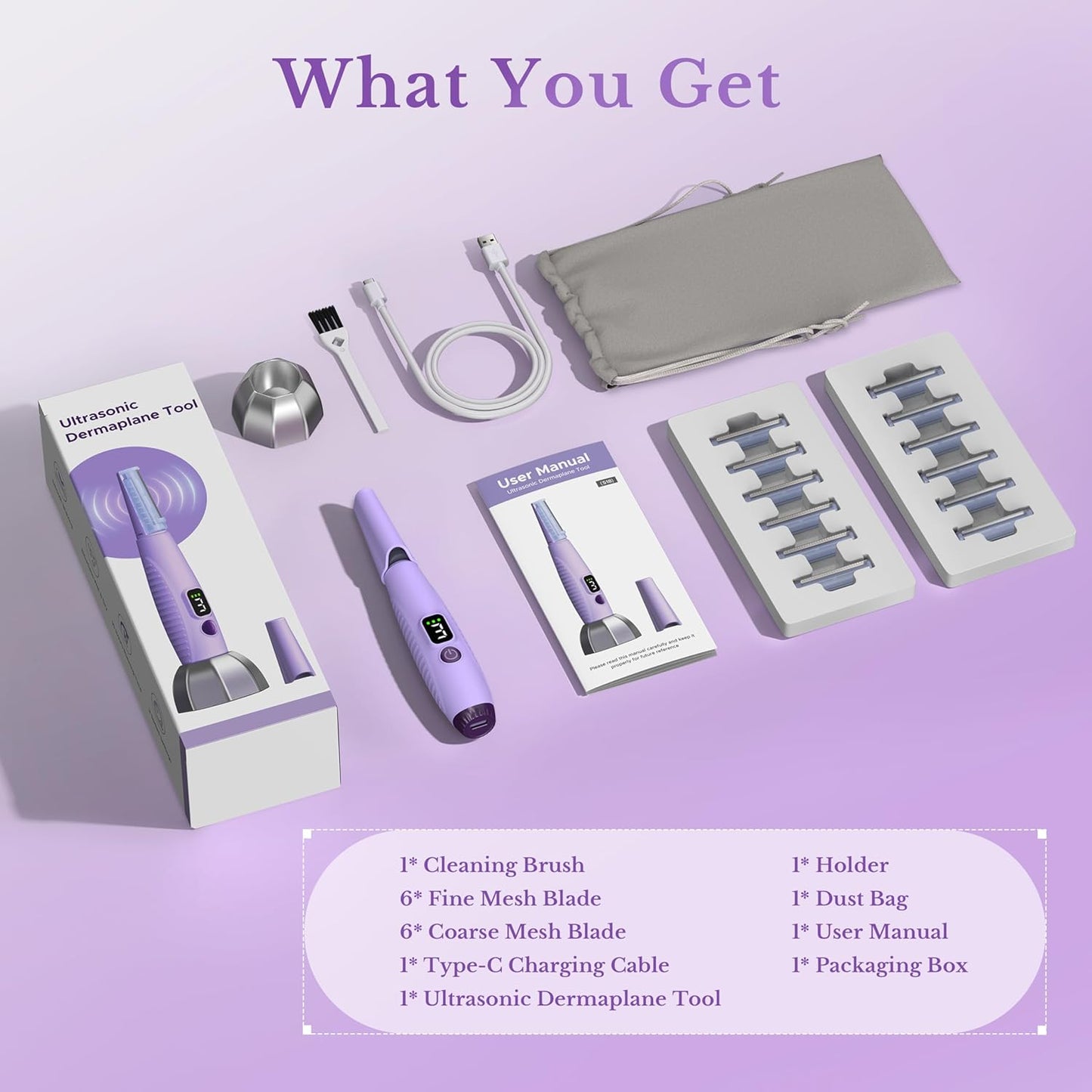 Sonic Dermaplaning Tool - Facial Exfoliation & Peach Fuzz Removal | 12 Blades, 3 Speeds, Purple