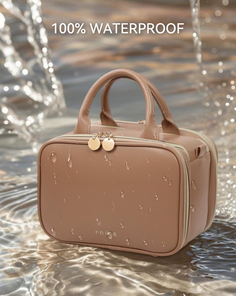 Makeup Bag for Women - Large Capacity Waterproof Travel Organizer | Portable Flat Toiletry Bag with Brush Holder (Brown Medium)