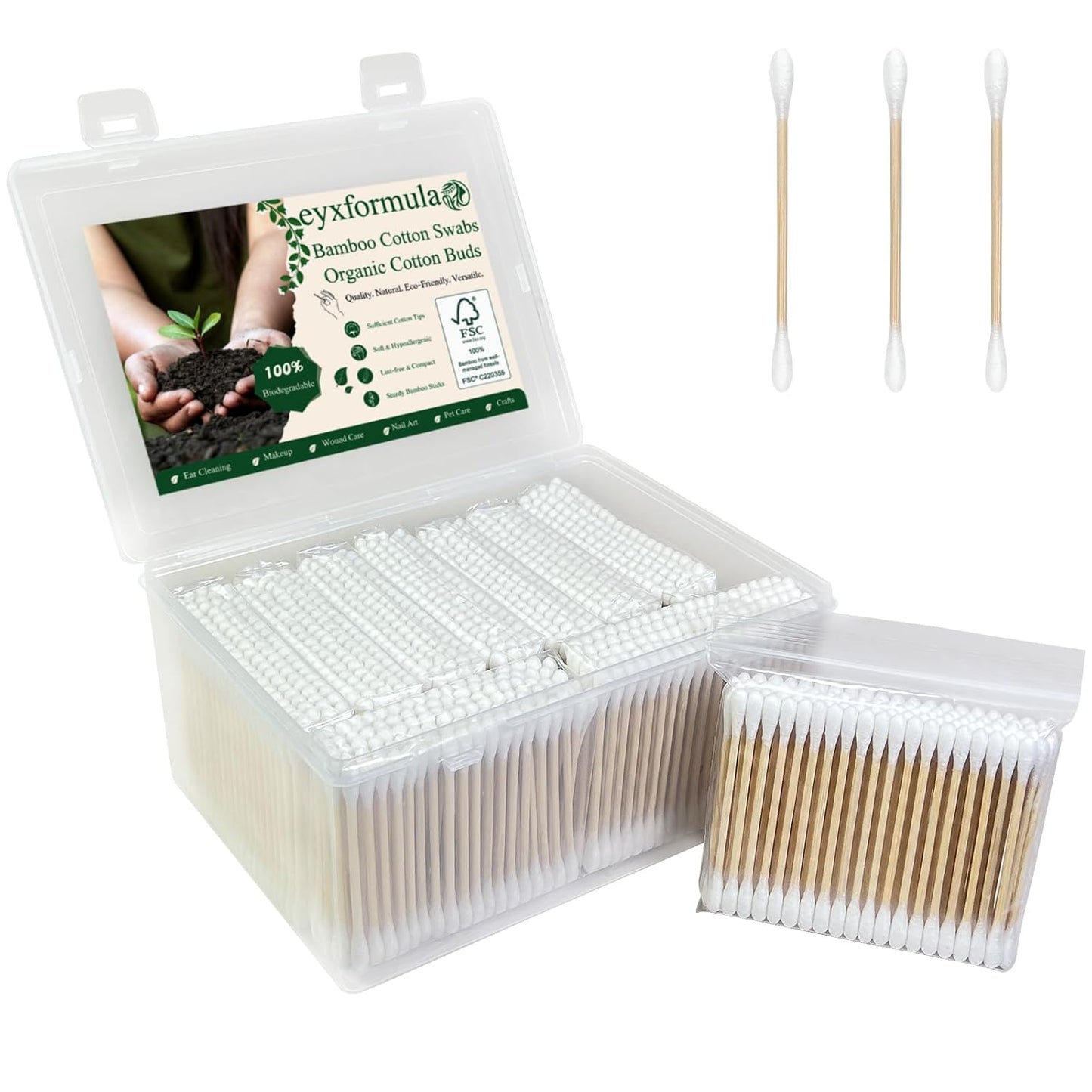 Eyxformula Pointed Cotton Swabs - 800 Count FSC Certified Bamboo Sticks | Lint-Free Applicator for Makeup & Crafts