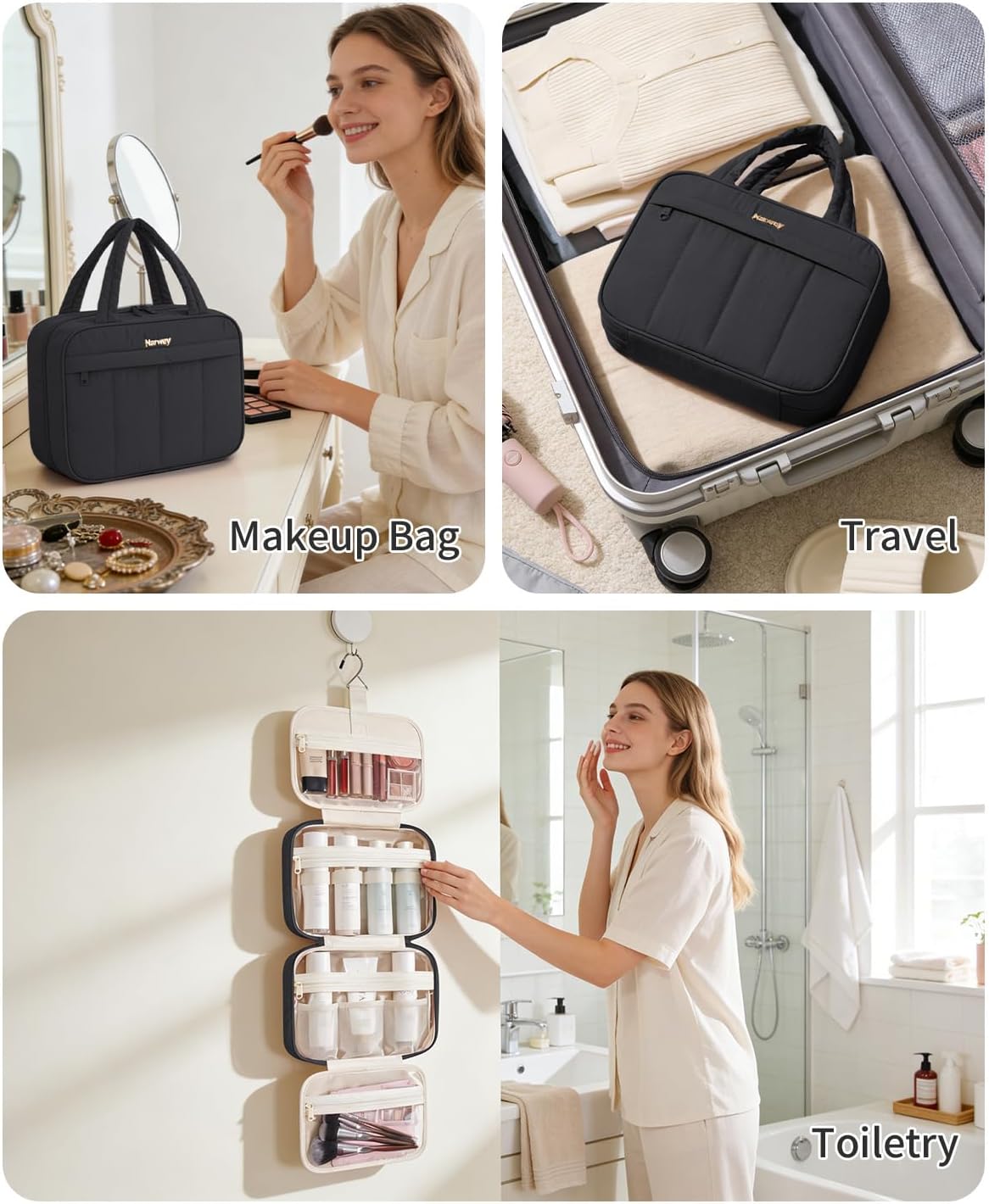 Hanging Travel Toiletry Bag for Women - Quilted Makeup Organizer with Handle | Portable Black Bathroom Bag