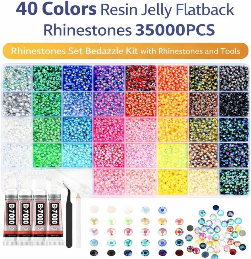 Bedazzling Kit - 40 Colors 35,000 PCS Resin Flatback Rhinestones | DIY Craft Gems with Tools for Adults