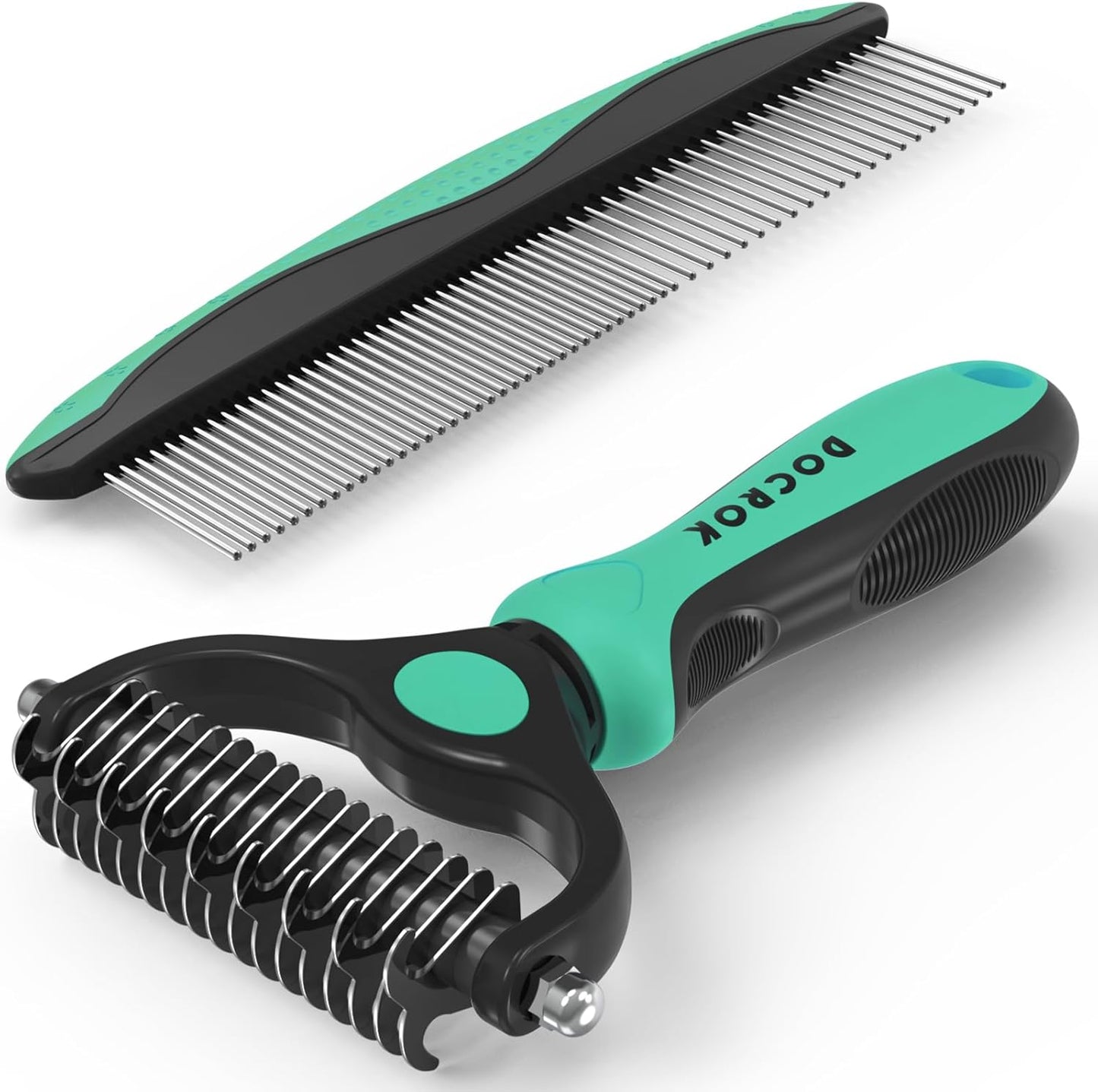 Pet Grooming Combo - Blue Deshedding Brush & Metal Comb for Detangling Long Matted Fur | Ideal for Cats & Dogs