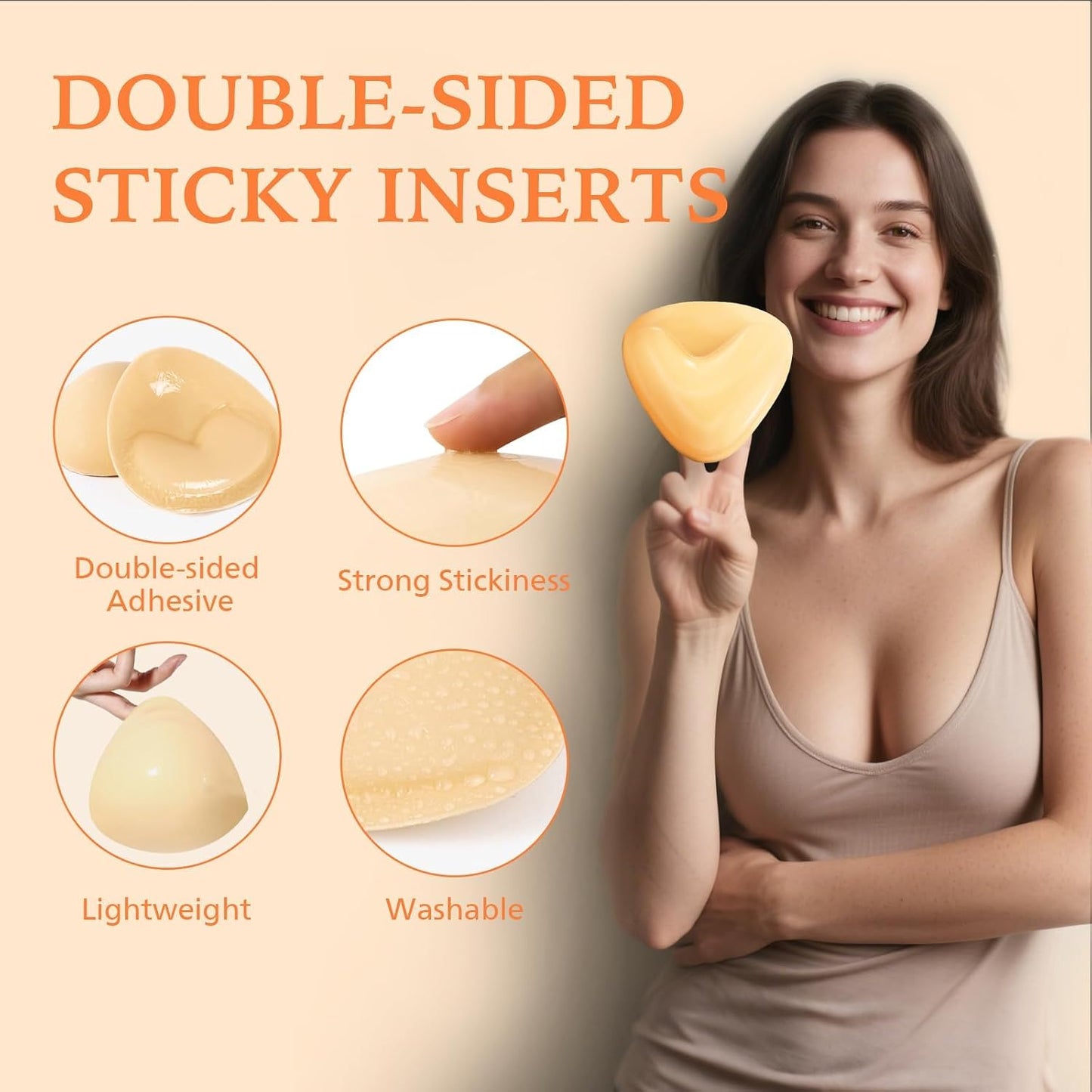 Push-Up Sticky Bra Inserts for Women - Reusable Strapless Waterproof Adhesive Pads