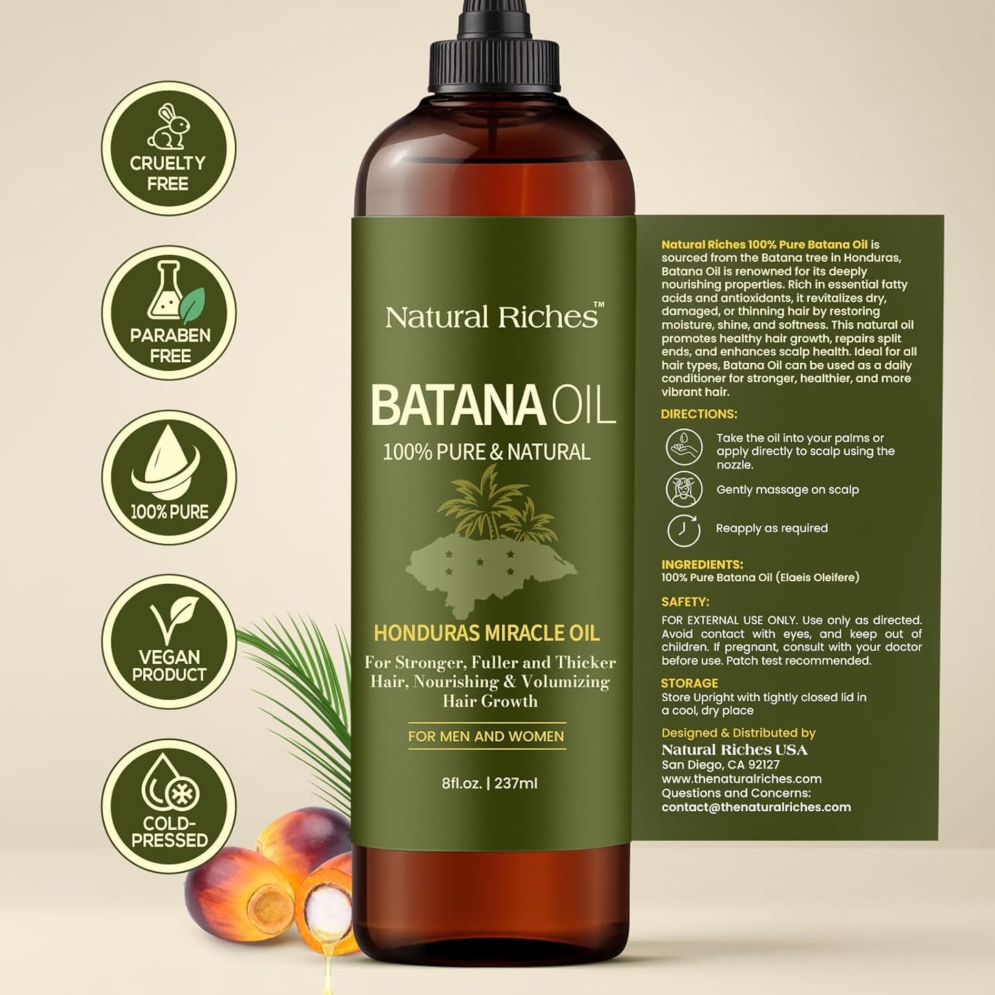Unrefined Organic Batana Oil - 100% Pure Cold Pressed Miracle Oil for Hair Growth | 8 fl oz