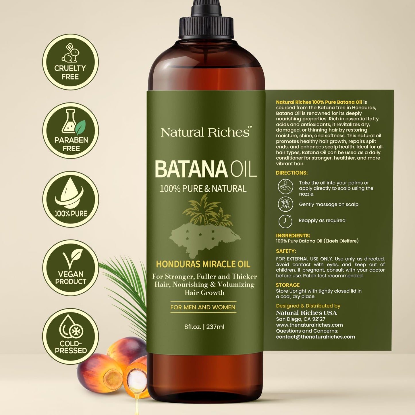 Natural Riches Unrefined Organic Batana Oil, 8 fl oz, 100% Pure & Natural, Cold pressed Honduras Miracle Oil for Hair Growth.