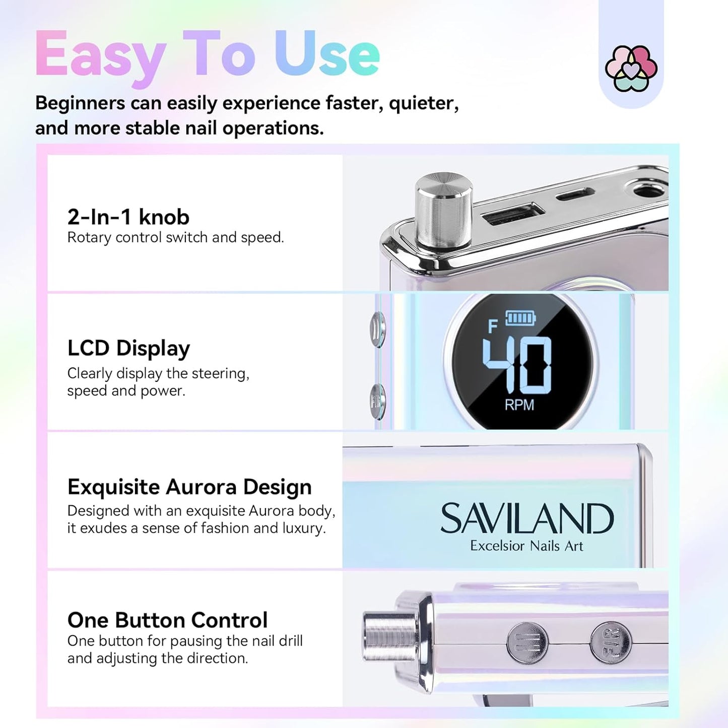 SAVILAND Nail Drill for Acrylic Nails - 40000RPM Rechargeable Electric File with 13 Bits | High Capacity 6000mAh