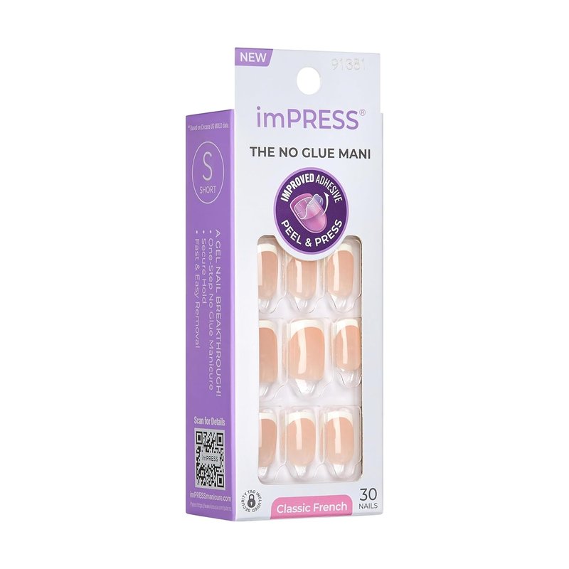 Kiss Impress No Glue French Press-On Nails - Short Squoval Shape, White | 30 Nails, Prep Pad & Manicure Tools