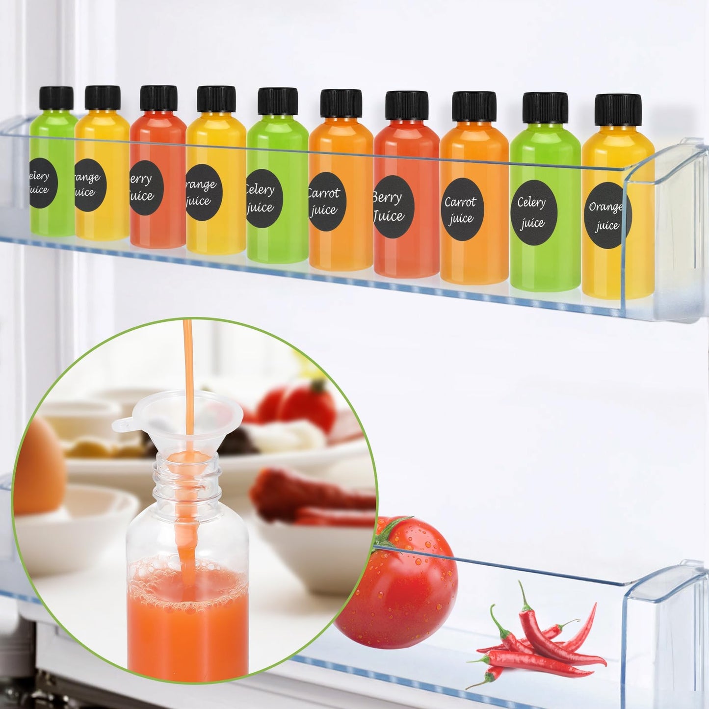 Revahope 16 Pack 2 oz Shot Bottles with Caps, Mini Reusable Plastic Ginger Shots Bottle Leakproof Juice Shot Bottles with Lids for Juice, Oil and Liquid Samples, Small Containers for DIY, Travel