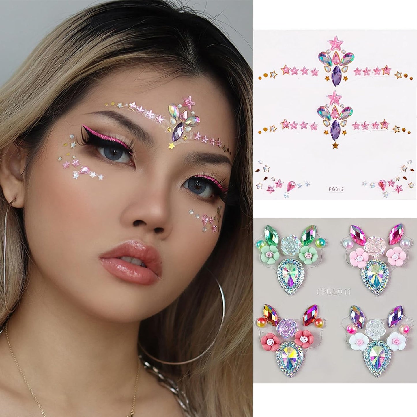 Face Gems - Self-Adhesive Rhinestone Stickers for Eye & Body Makeup | 10 Sheets of Butterfly, Star & Flower Designs