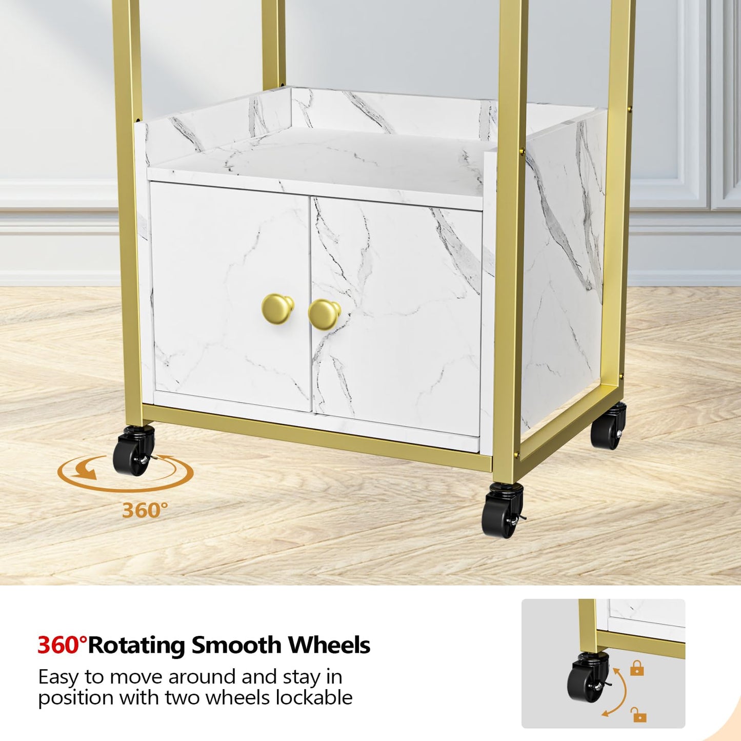 OmySalon Salon Trolley Cart, Esthetician Cart with Wheels & 1 Drawer Cabinet, Hair Stylist Cart for Beauty Spa Massage Tattoo Esthetic Facial Tool Holder Station, White Marble