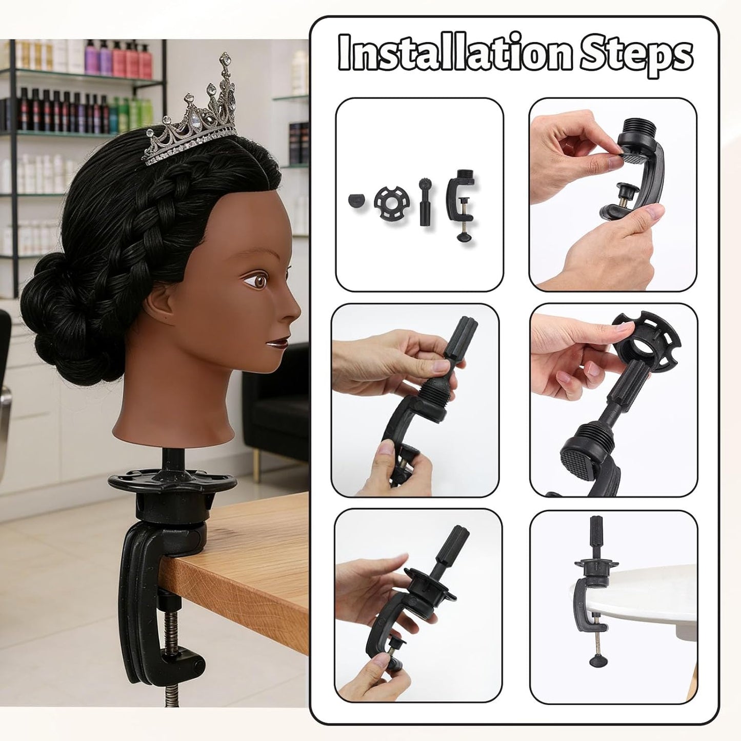 26'' Black Human Hair Mannequin Head for Cosmetology | Styling Doll with Clamp Holder & Tools Set