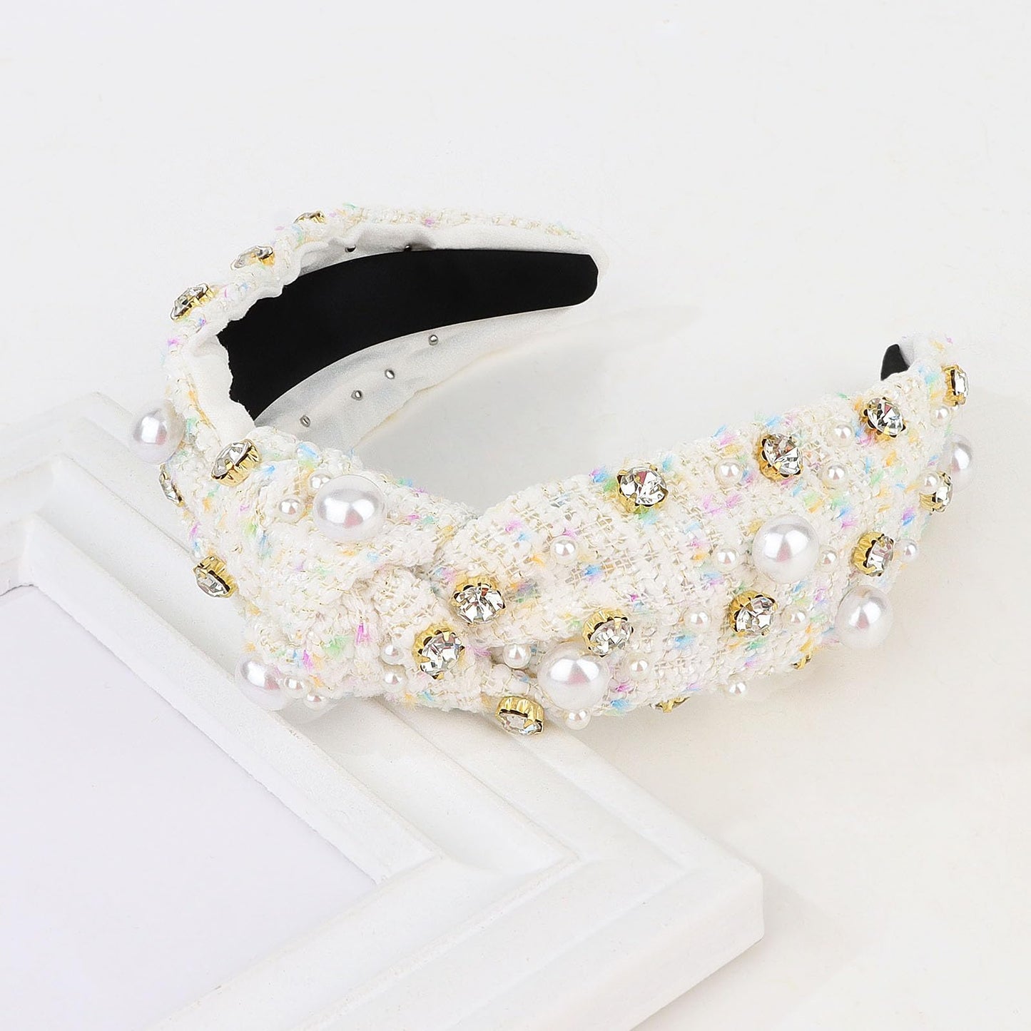 CURASA Knotted Headband For Women Girls White Pearl Rhinestone Checkered Head Band Non Slip Elegant Wide Hairband Top Knot Trendy Bride Headpiece Crystal Beaded Jeweled Embellished Hair Accessories
