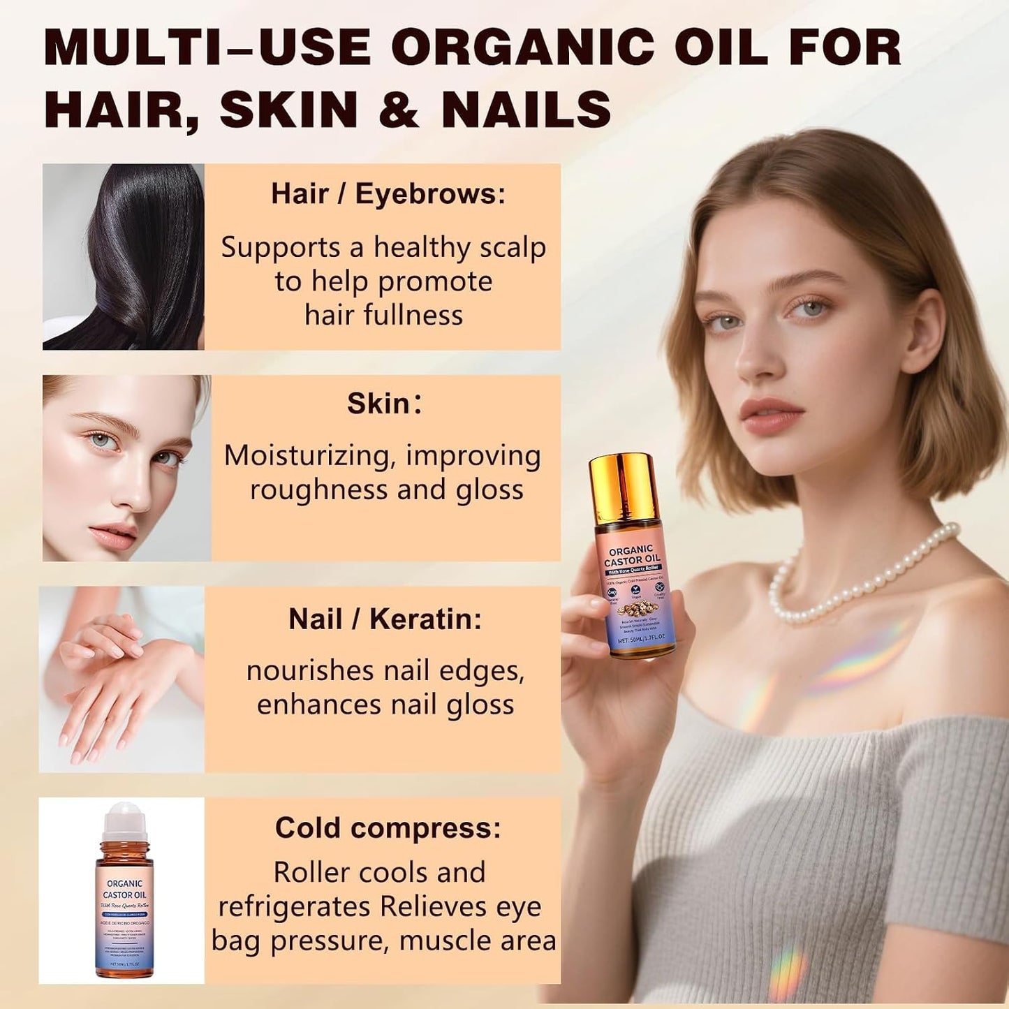 Organic Castor Oil Roll-On with Rose Quartz Roller | 100% Cold Pressed for Face, Body & Hair Care (2PCS)