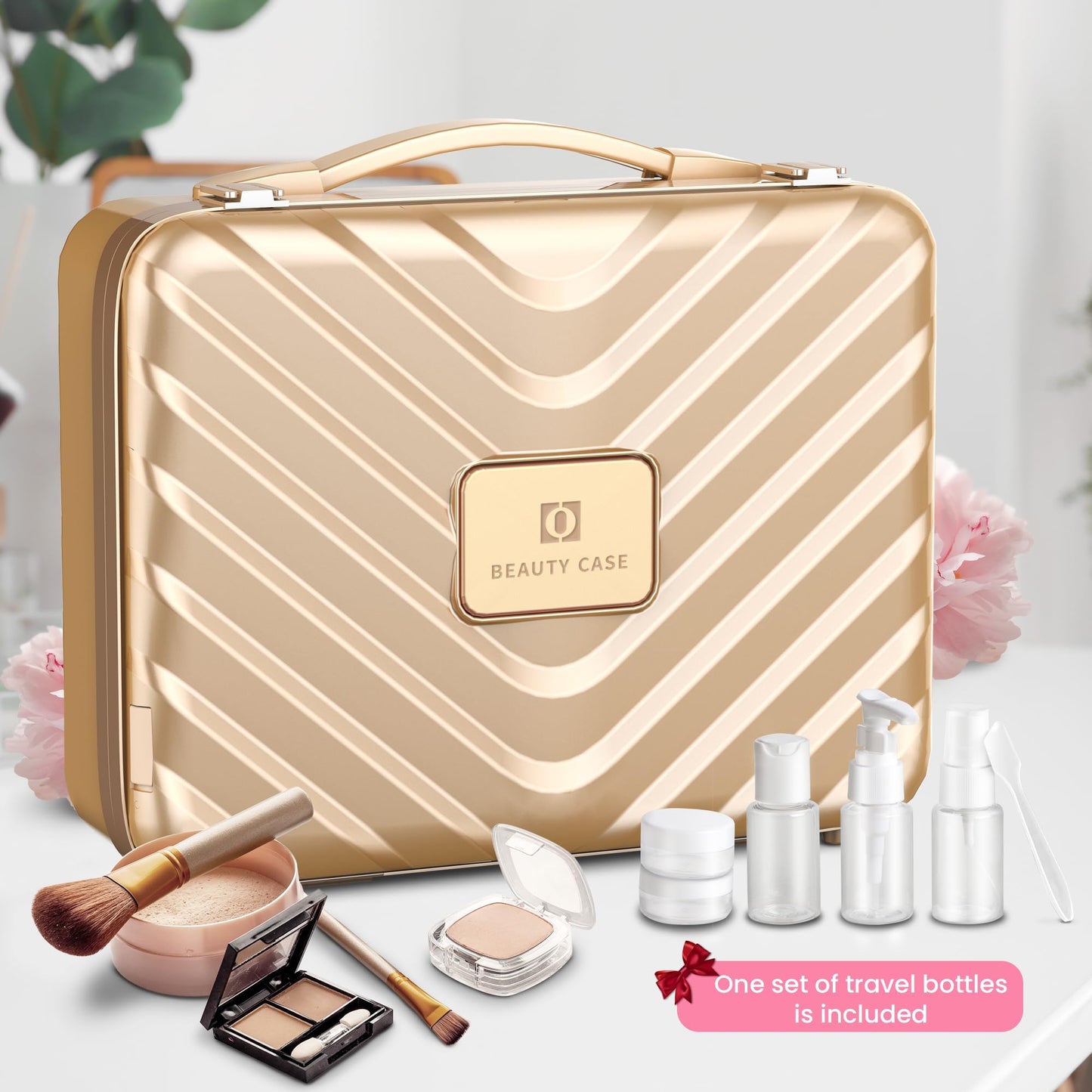 EASYINBEAUTY Makeup Travel Case with LED Lighted Mirror, Golden
