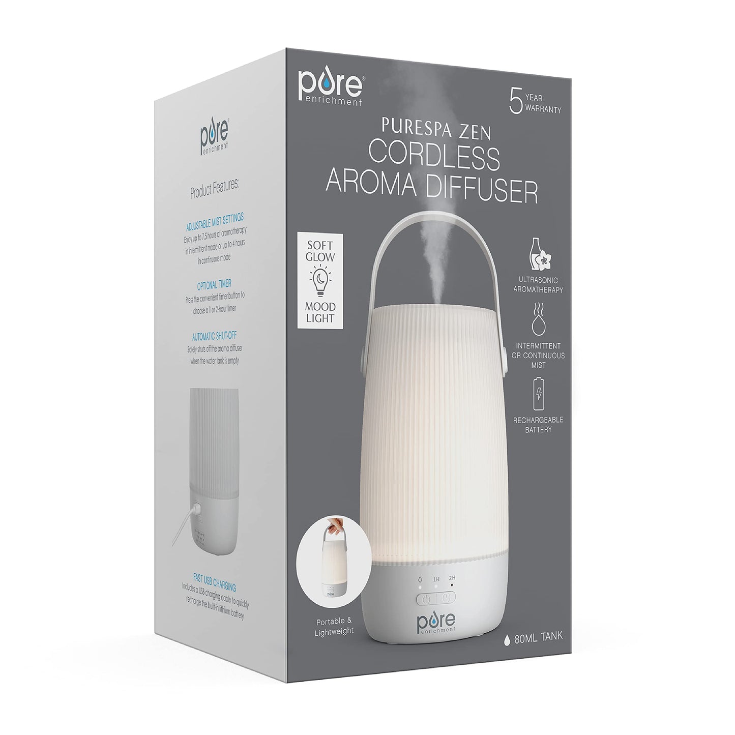 Pure Enrichment PureSpa Zen Cordless Essential Oil Diffuser & Light - Portable Travel-Friendly Aroma Diffuser Lasts 7.5 Hrs, Optional Mood Light, 2 Mist Settings, Optional Timer, & Auto Shut-Off