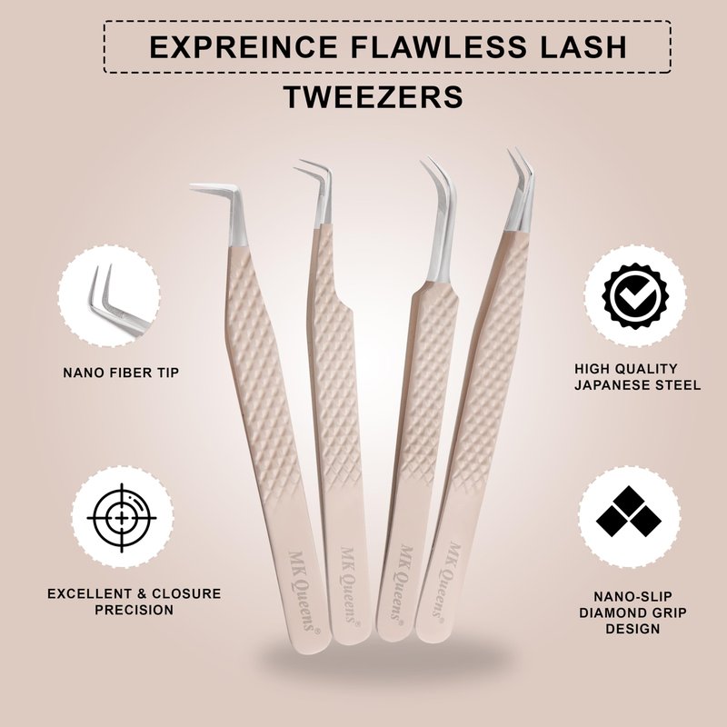 Fiber Tip Lash Tweezers For Eyelash Extension Tweezers Professional Eyelash Extension Tweezer - Set of 4 Pcs Diamond Grip Stainless Steel Fiber Tweezer (4, Peach)