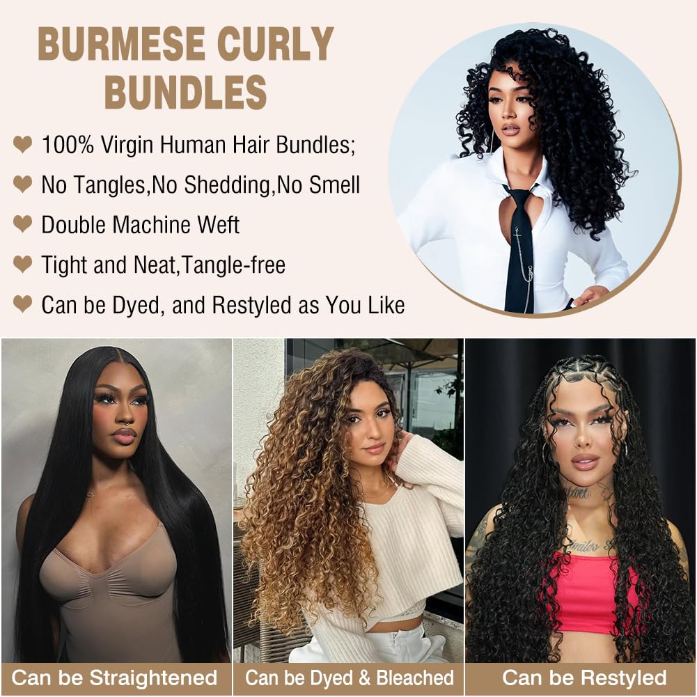 Human Hair Bundles Burmese Curly20 22 24 26 Inches 3C4A Water Curly Hair Bundles with Spiral Curly End Real Human Hair 100% Unprocessed Virgin Remy Hair Quick Weave Natural Black