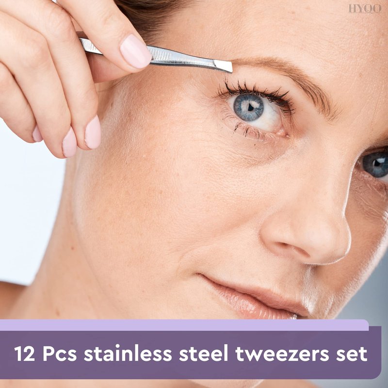 12 Pcs Eyebrow Tweezers for Women - 3.5" Stainless Steel Tweezers for Women Facial Hair with Slanted Tips & Heart Clamps - Mini Size for Brows, Facial and Chin Hair, Light-Duty Grooming & Self-Care