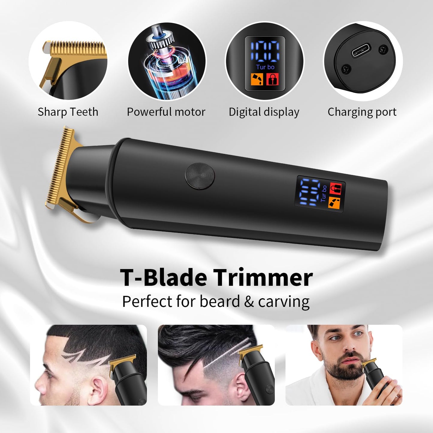 HIENA PRO Hair Trimmers for Men, Cordless Professional Electric Beard Trimmer with LCD Display, Facial T-Blade Trimmer and Grooming Tool, Gifts for Men(Black)