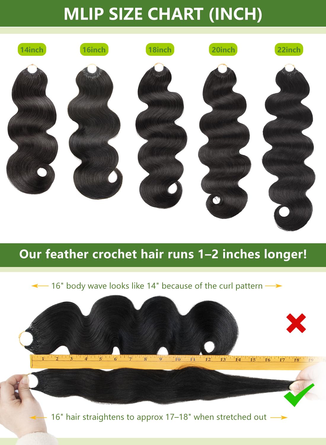 MLIP Crochet Hair for Black Women, Feather Crochet Human Hair, 14 16Inch 120g Burmese Body Wave, Knotless Pre-Separated, Quick Install Protective Style Lightweight Tangle-Free Reusable Natural Black