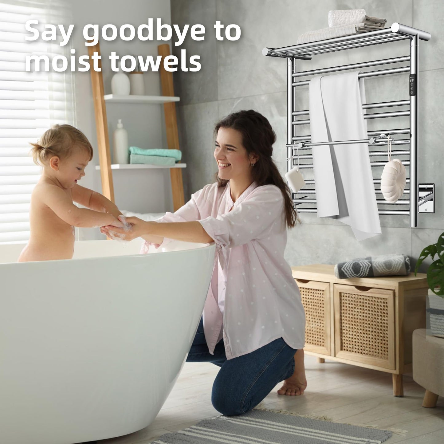 P&Dlusir E201T Heated Towel Rack with Top Shelf, Polished