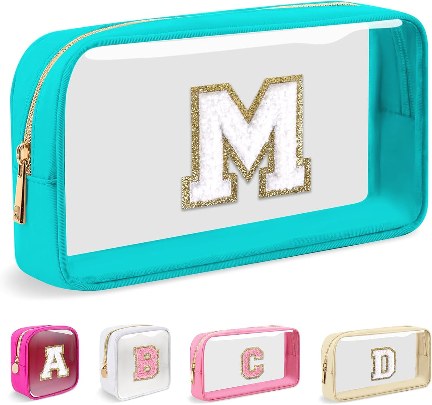 Personalized Initial Makeup Bag - Waterproof Nylon Cosmetic Pouch | A-Z Chenille Letter Patch, White-Pink G