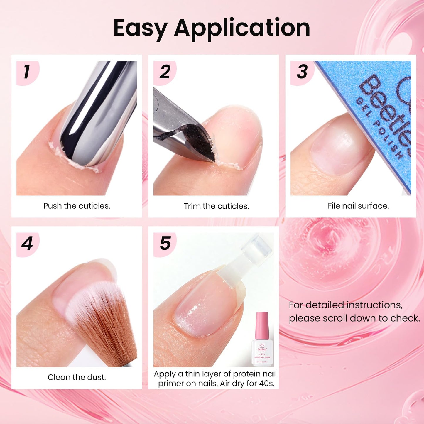 Beetles Protein Nail Dehydrator and Primer, 3-in-1 HEMA-Free Primer Keratin-Infused, Nail Remove Excess, Enhance Adhesion for Acrylic & Gel Nails Supports Growth