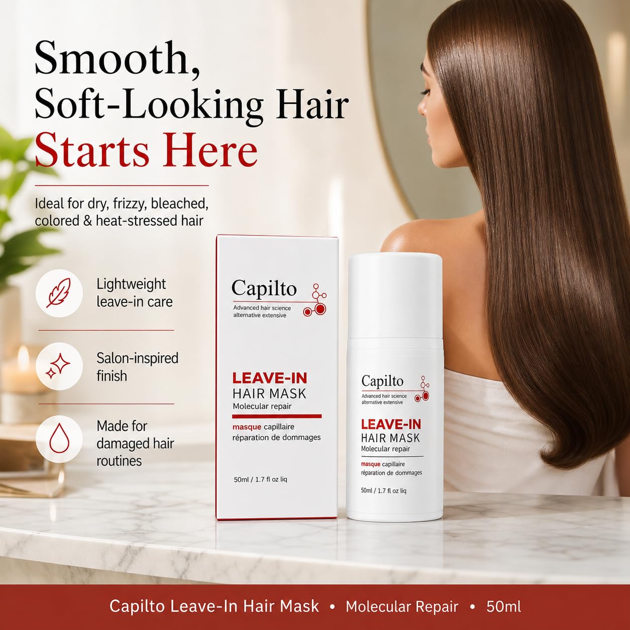 Capilto Leave-In Molecular Hair Repair Mask Keratin – Deep Conditioning Repair for Frizzy & Damaged Hair, Fixes Bleach, Color & Heat Damage in 4 Minutes, Vegan & Paraben Free 50ml