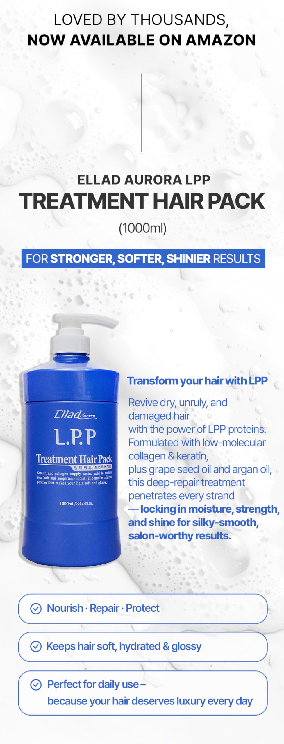 K-Beauty Ellad LPP Hair Repair Treatment 33.8 Ounce – Korean Professional Formula with Hydrolyzed Keratin, Collagen, Argan Oil & Grape Seed – Deep Moisture & Shine for Damaged, Dry, Color-Treated Hair