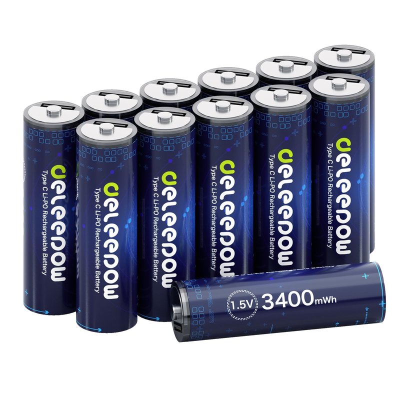 Deleepow Rechargeable AA Batteries USB 1.5V AA Lithium Rechargeable Batteries, 3400mWh 12 Pack of Lithium AA Battery with USB Cable 1500 Cycle