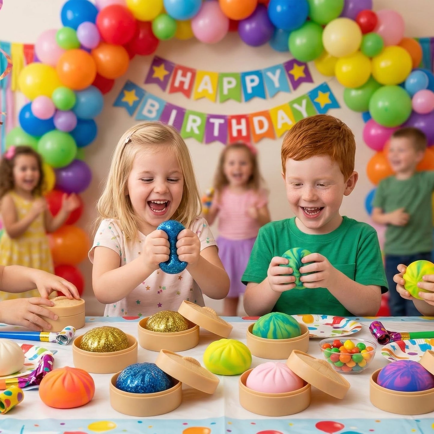 Crossunx Glitter Blue Dumpling Squishies Stress Balls, Colorful Squishies Dumpling Fidget Sensory Toy with Food Steamer, Squeeze Dough Ball for Stress Relief, Stretchy Desk Toys Gift