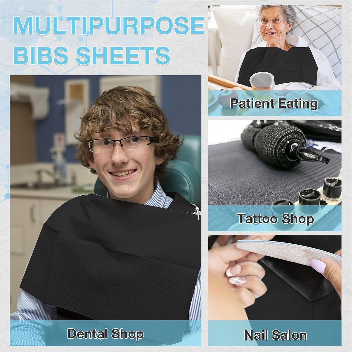 Disposable Dental Bibs - 550 Pack 3-Ply Waterproof Sheets for Nail Salons, Dental Clinics & Tattoos | 13"x18" Black