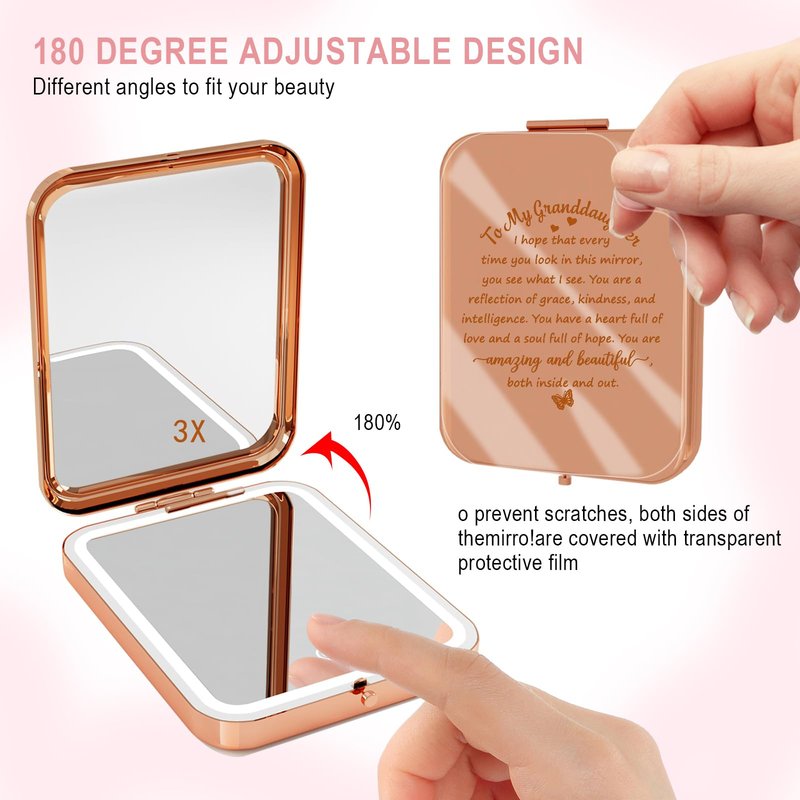 to My Granddaughter - You're Amazing and Beautiful - Pocket Mirror with Light, Granddaughter Engraved Compact Magnifying Mirrors with Light, Family First Mirror Encouragement Gifts from Grandparents