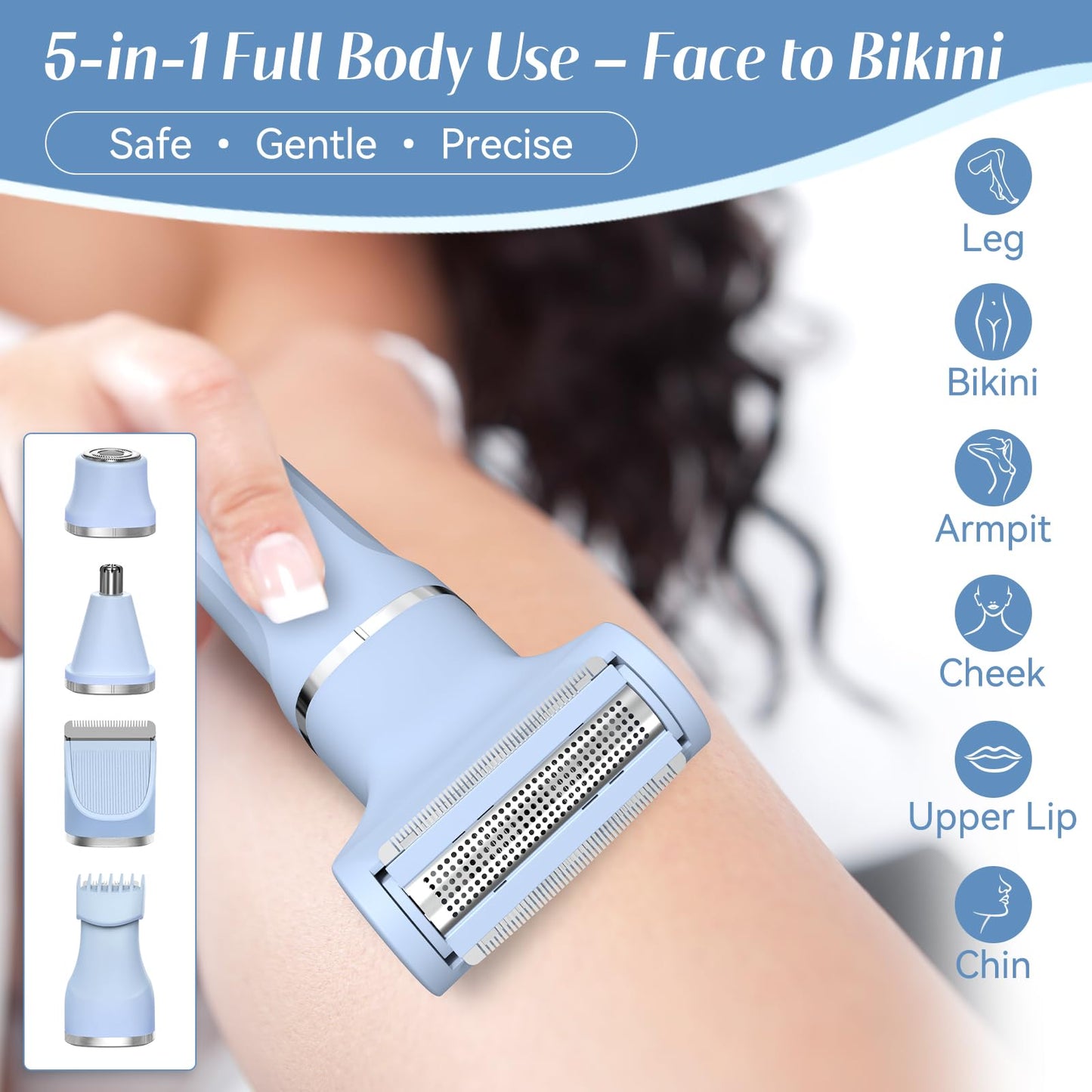 5-in-1 Bikini Trimmer for Women, Electric Razors Shaver IPX7 Waterproof, Cordless Body Hair Trimmer, Ceramic Blade, Facial & Pubic Hair Removal, Travel Portable (Blue)