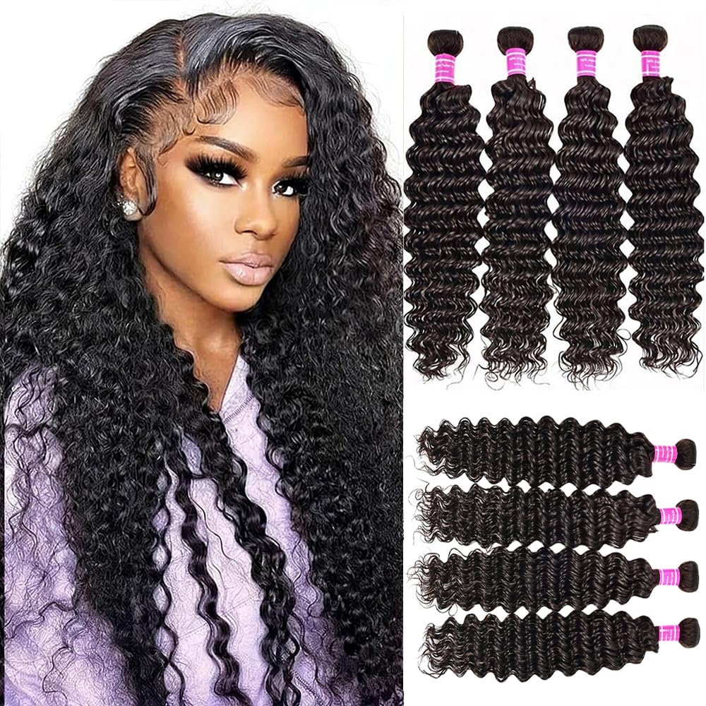 Human Hair Bundles - 100% Unprocessed Brazilian Virgin Deep Wave | 20-Inch Curly Weave Extensions for Women - Natural Black