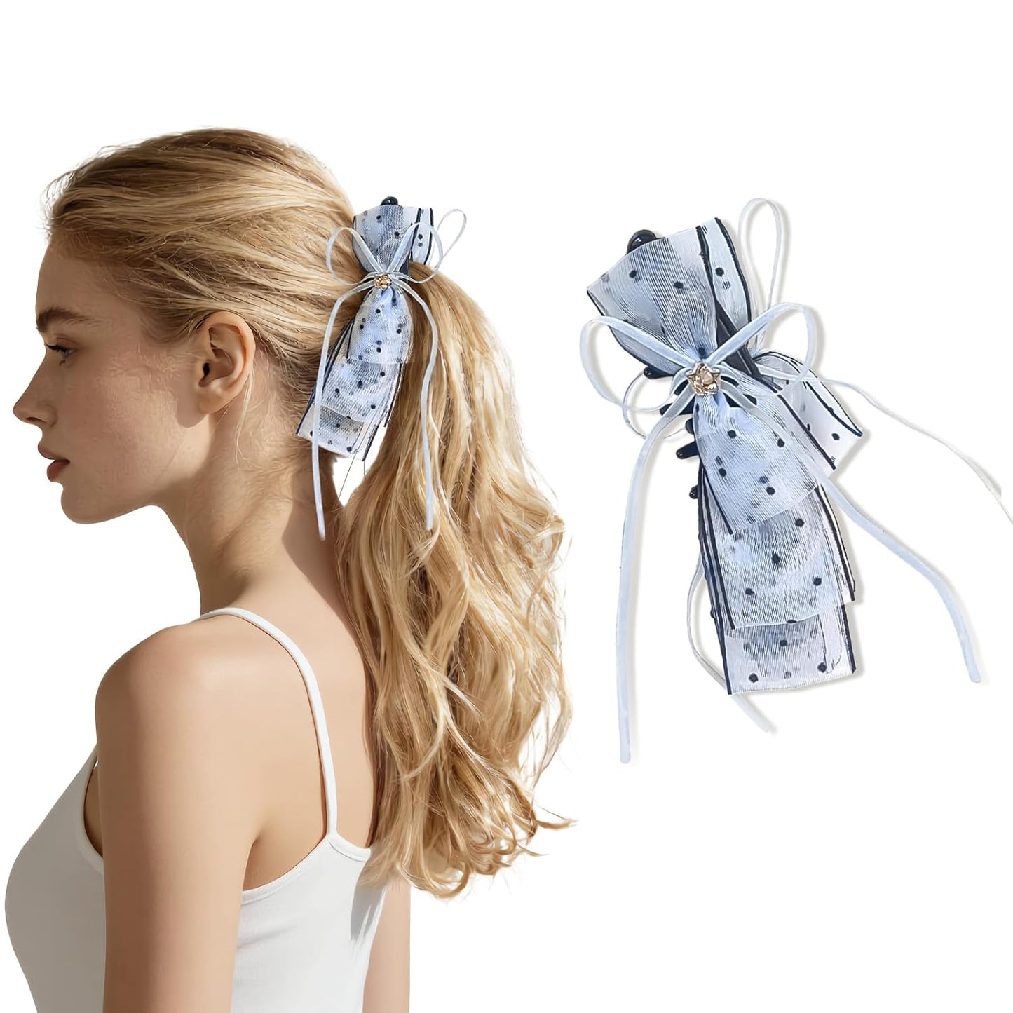 Banana Clips for Women - Cute Satin Polka Dot Hair Bow Claw Clips | Perfect for Thick & Thin Hair - Seersucker Yellow