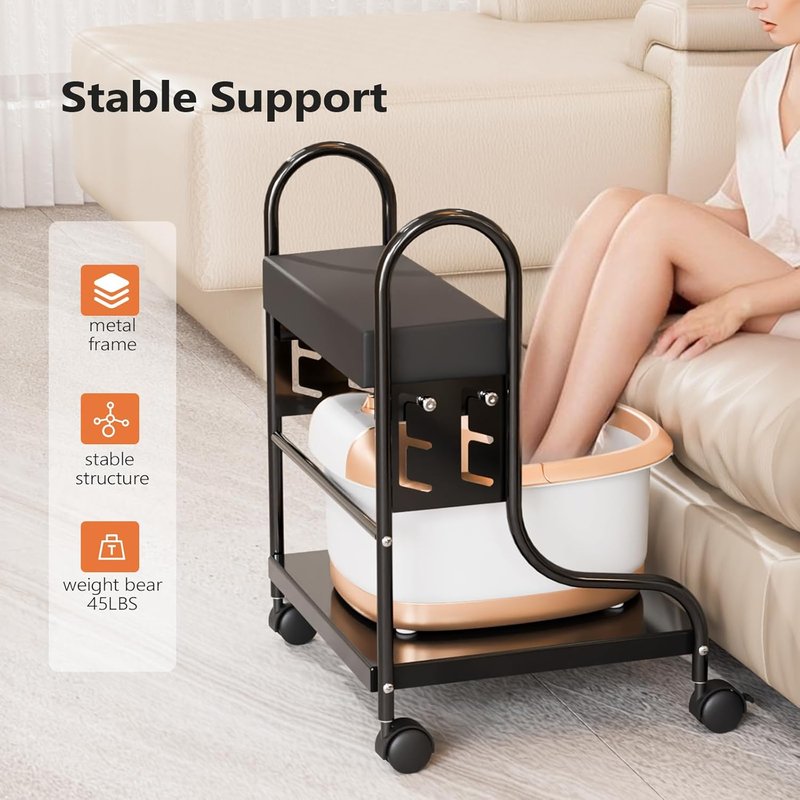 Pedicure Cart - Adjustable Height Foot Bath Trolley with PU Cushion | Portable Nail Esthetician Cart for Manicure & Massage (Black)