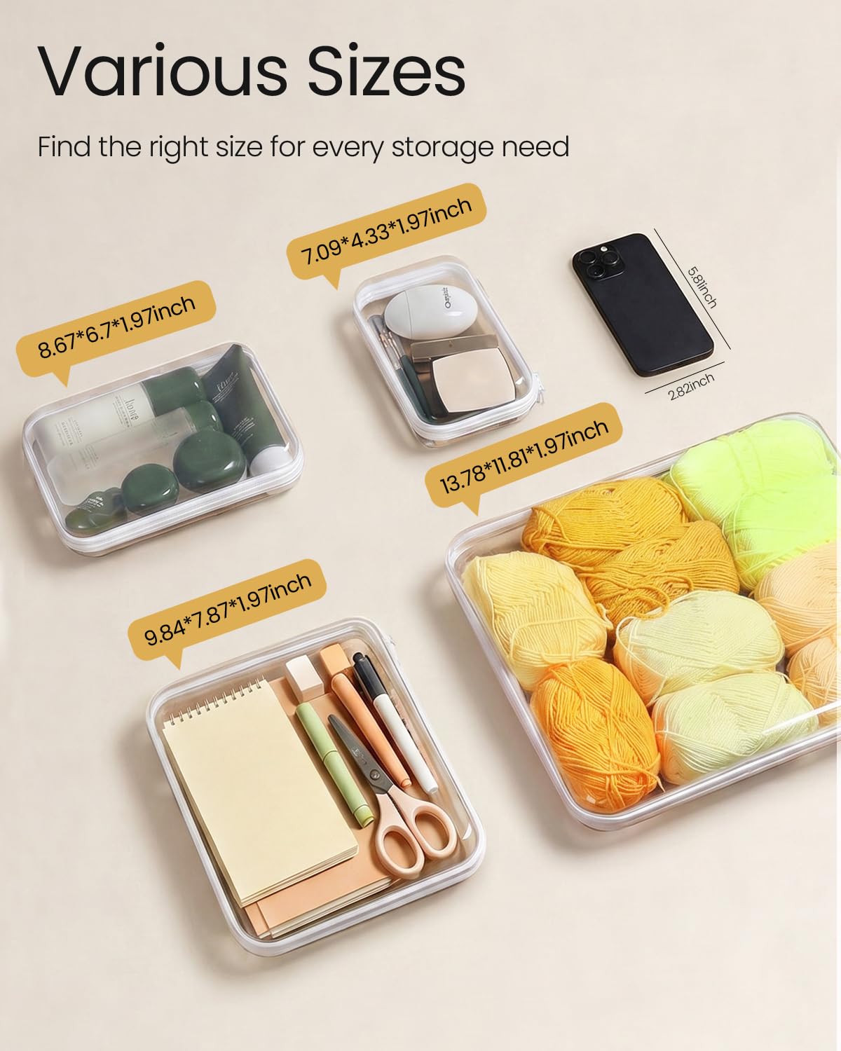 pakkabuu 6 Pack Mixed Size White Clear Hard Shell Zipper Case, Diaper Bag Organizer Pouches, Water-Resistant Storage Bins for Board Games, Toys, Cables, Crafts, Toiletries, Travel, 2XL 2L 2S
