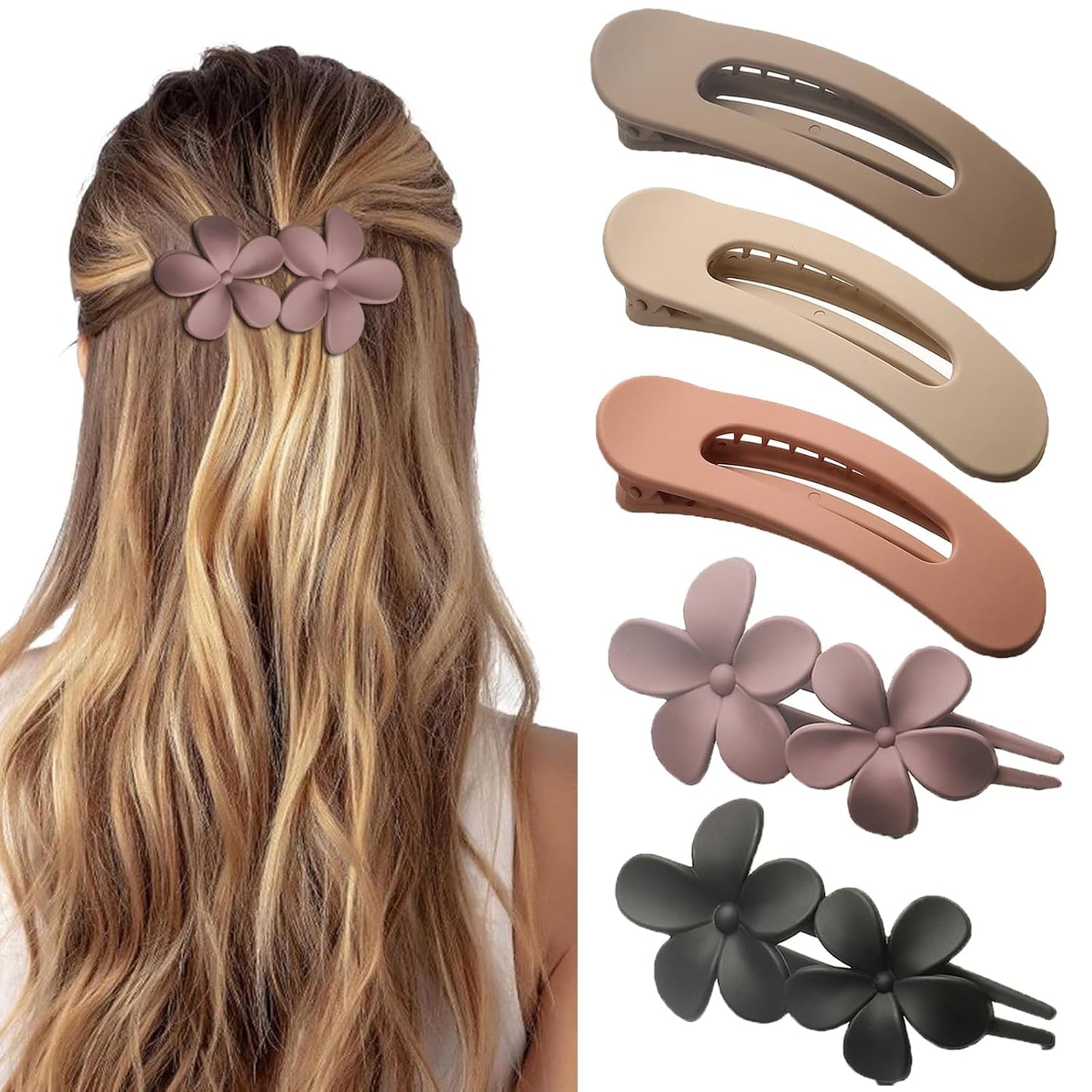 Flat Hair Clips - 5 Pcs Medium Lay Flat Claw Clips for Women | Strong Hold Non-Slip Matte Hair Claws for Thick & Thin Hair