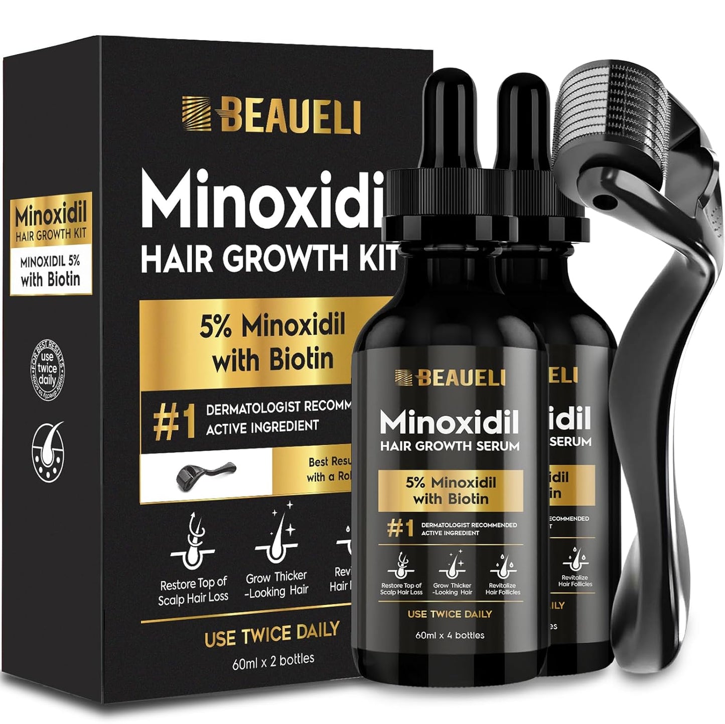 Minoxidil Beard Growth Kit for Men & Women - Hair Regrowth Treatment 5% | Black