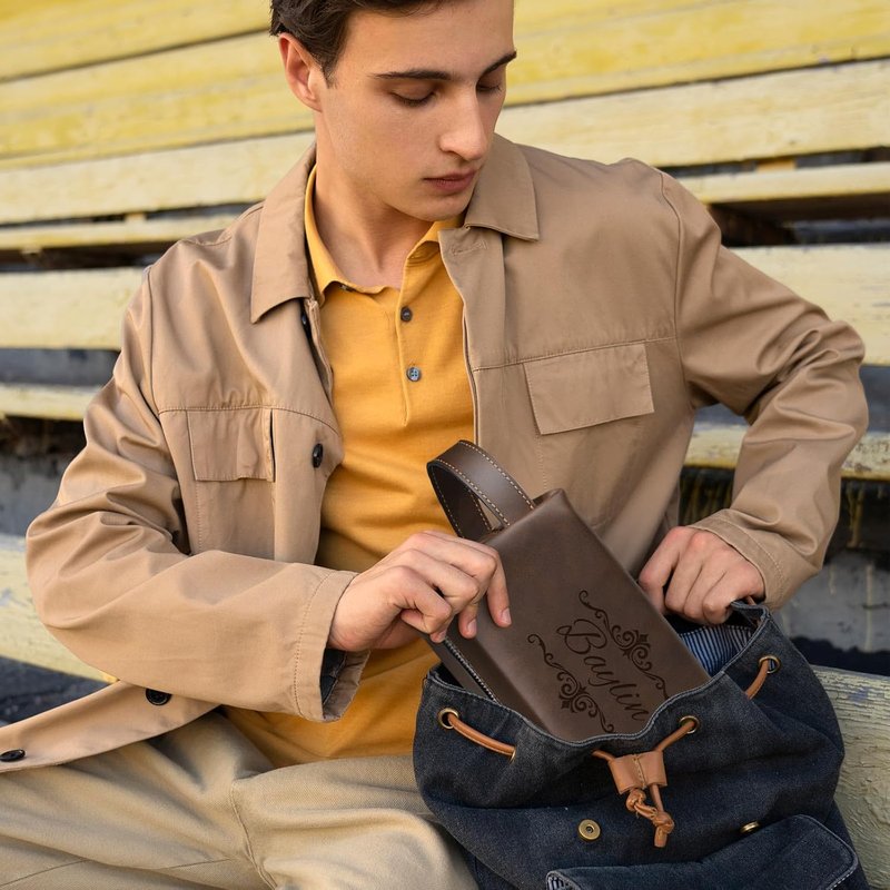 Personalized Leather Toiletry Bag - Engraved Name, Waterproof | Brown Travel Organizer for Men, Perfect Groomsmen Gift
