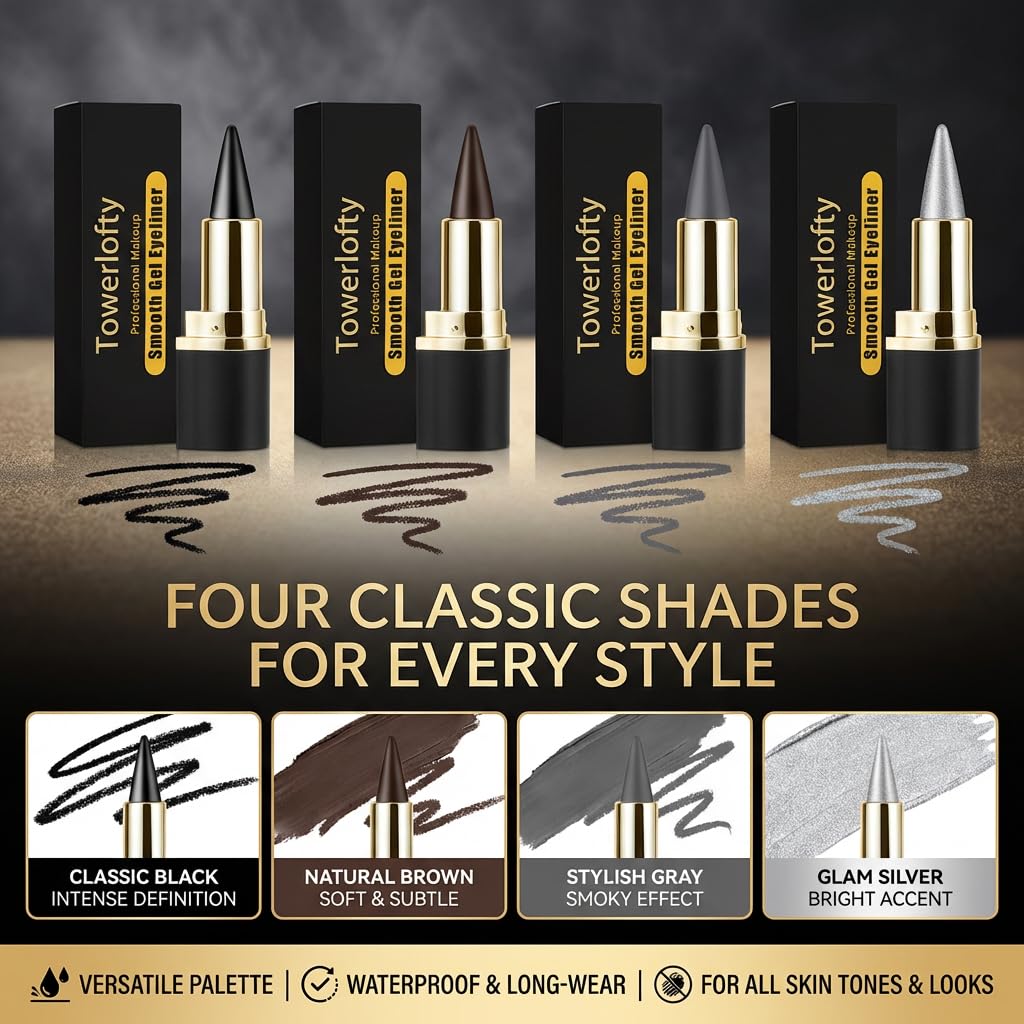 Gel Eyeliner Pencil, Natural Black Eyeliner Cream for Waterline, Long Wear Crayon Eye Liner Waterproof Smudge Proof, Smokey Eye Eyeshadow Palette Gothic Halloween Makeup Set Four Colors (Brown)
