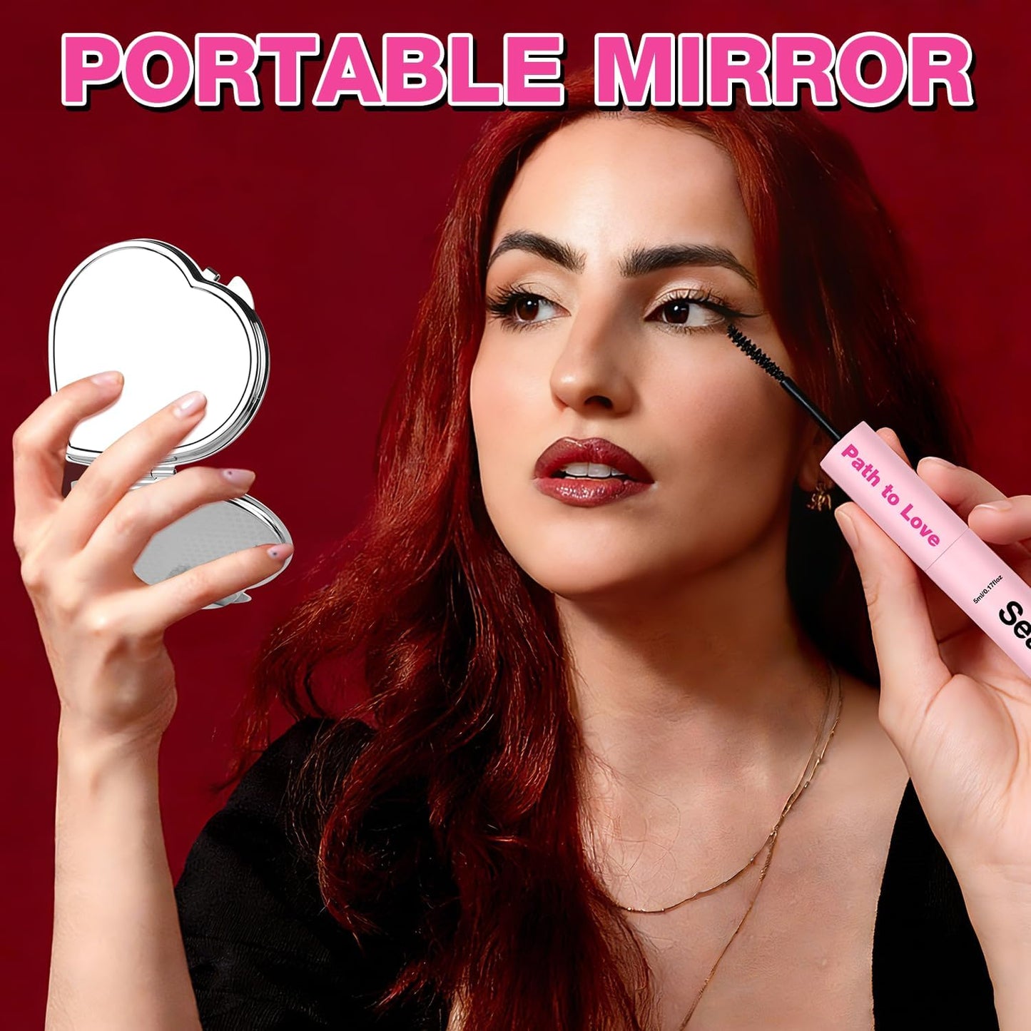 Heart Compact Travel Mirror - Double-Sided Portable Metal Folding Design | Scratch-Resistant, Elegant & Pocket-Sized