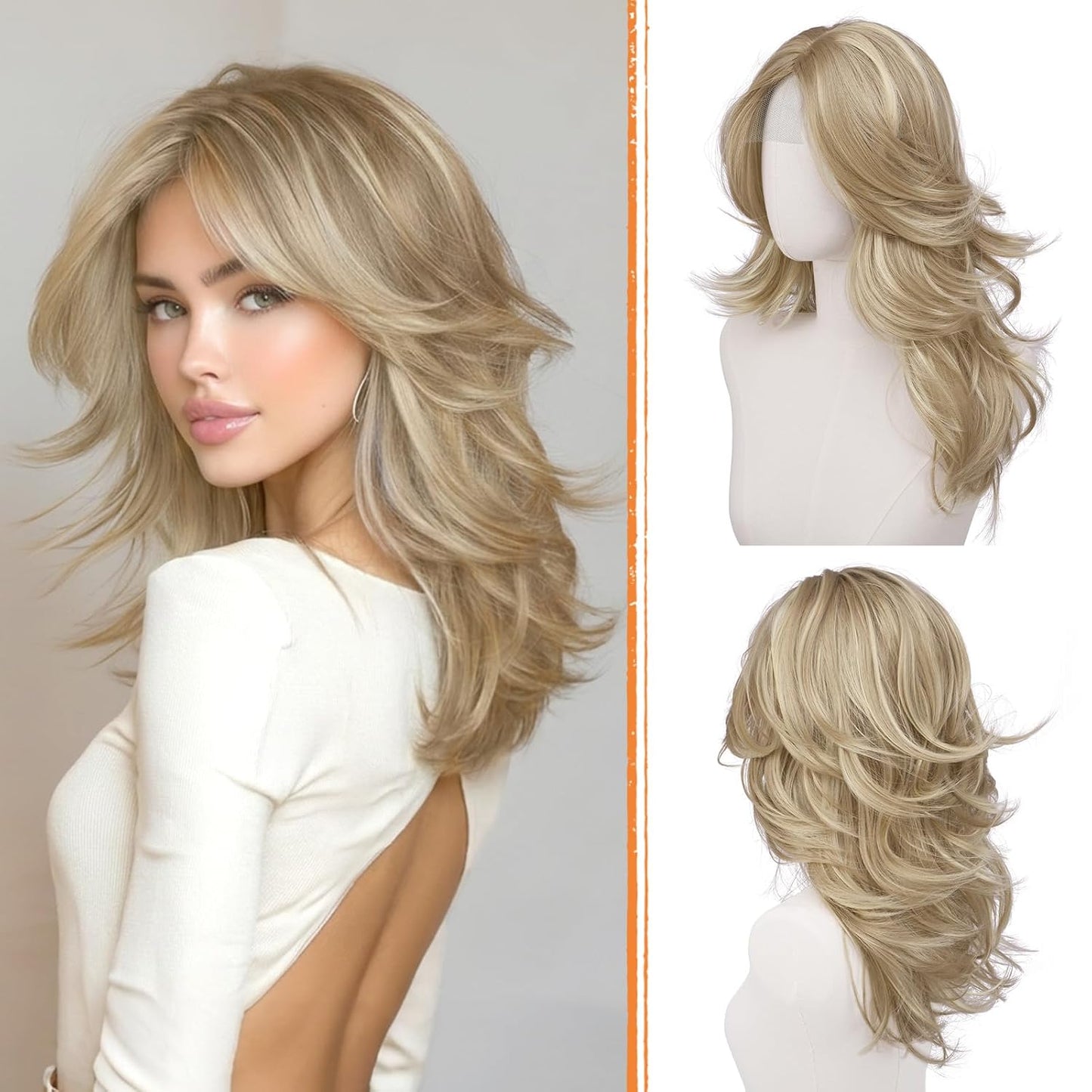 Brown Layered Wigs with Curtain Bangs - 20 Inch Long Wavy Synthetic Hair Wig for Women | Natural Looking Middle Part