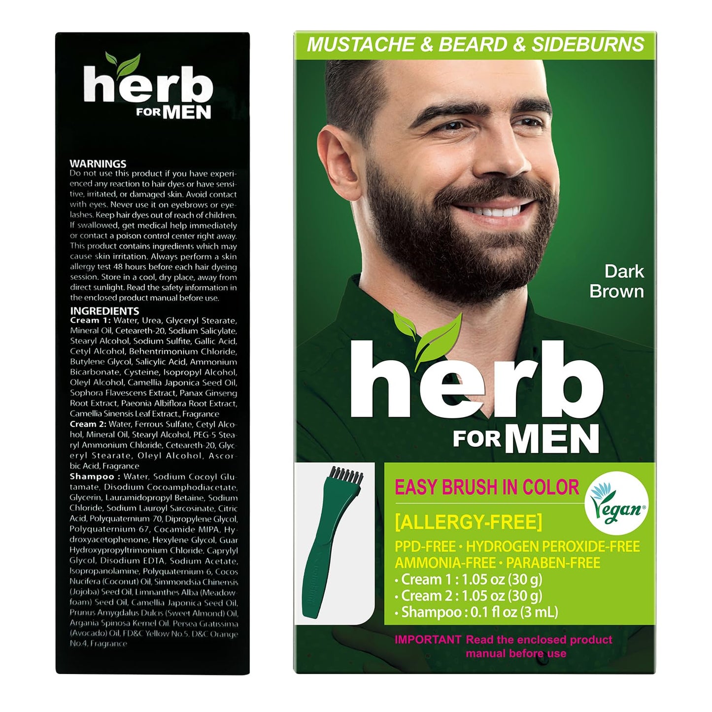 Mustache & Beard Dye for Men - Dark Brown, PPD-Free & Ammonia-Free, Vegan Formula for Sensitive Skin | 1 Pack