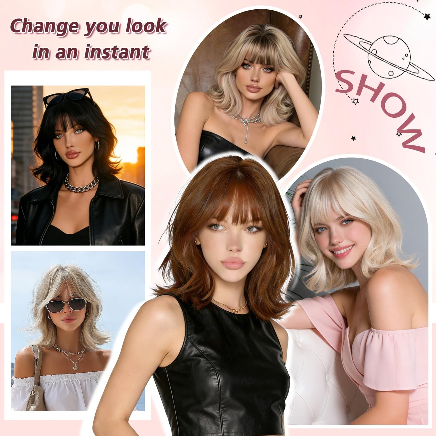 Haloo Brown Short Bob Wigs with Bangs Shoulder Length Wavy Layered Flipped Ends Natural Looking Medium Synthetic Hair Wig for Women Daily Party, 14 Inch Brown with Highlights