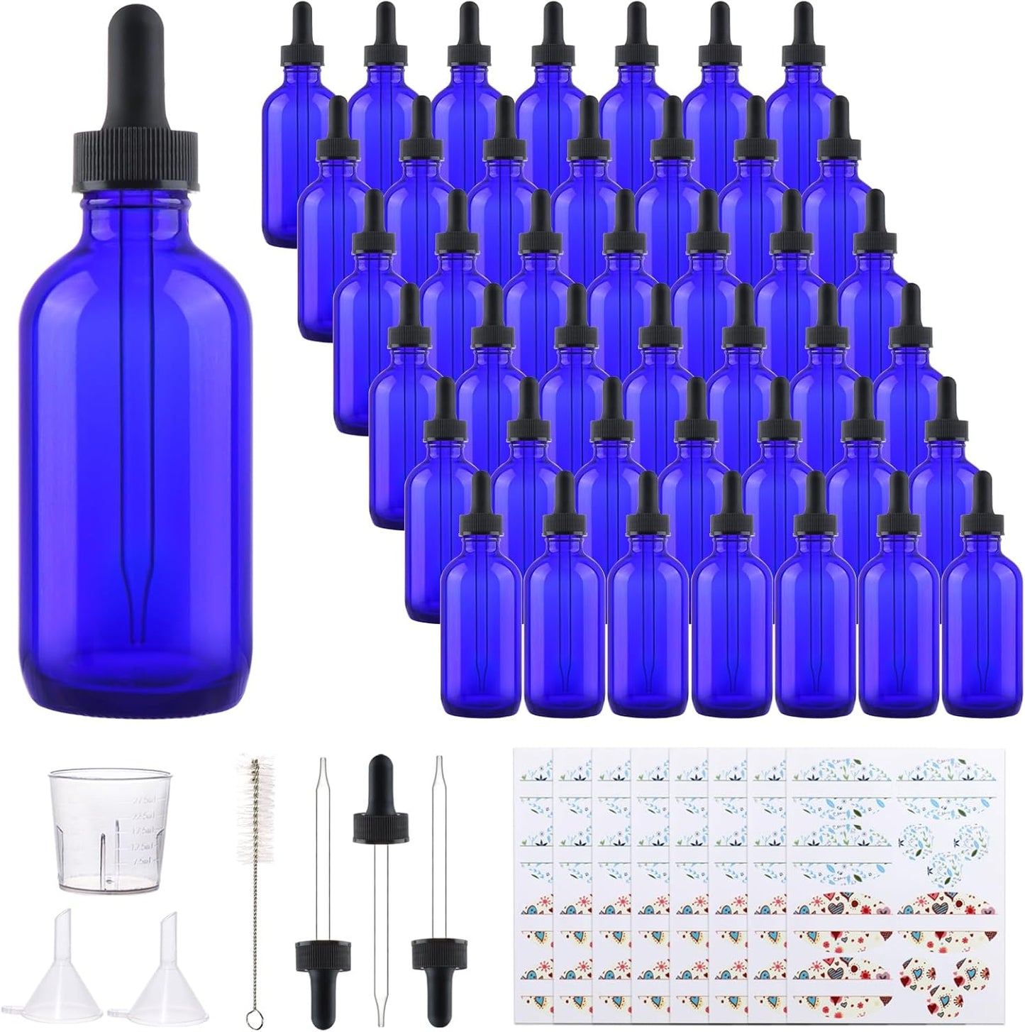Clear Glass Bottles - 42 Pack 4oz with Eye Droppers for Essential Oils | Includes Funnels, Labels & Measuring Cup