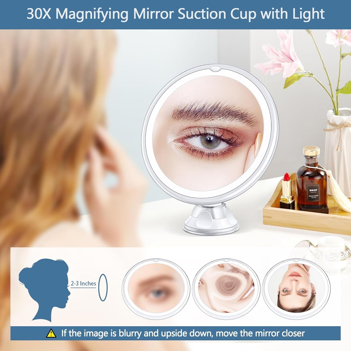 30X Magnifying Makeup Mirror with Light - 3 Color Modes, Adjustable Brightness | 8-Inch Suction Cup Design