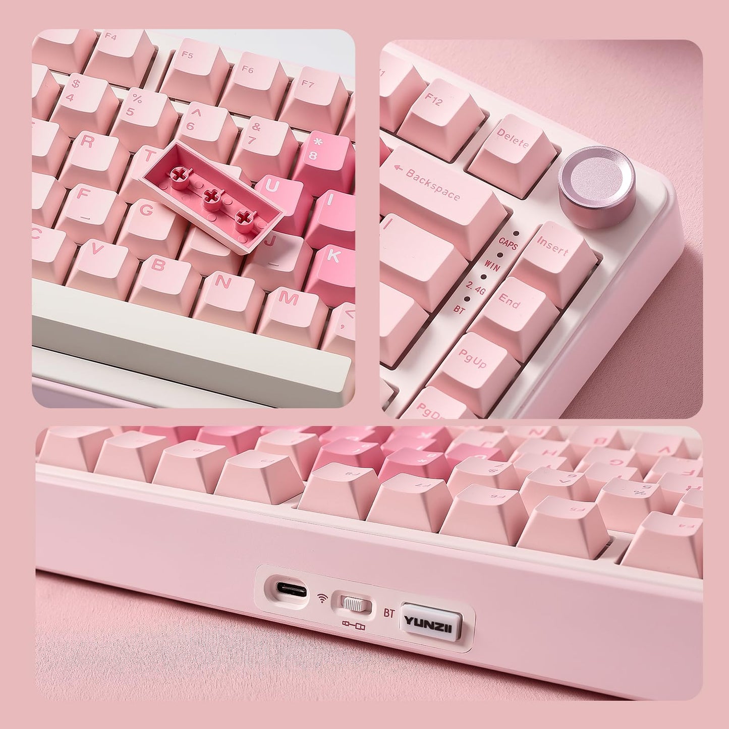 YUNZII B75 PRO Wireless Mechanical Keyboard,75% Layout with Knob,Hot Swap Gasket Custom Structure,Creamy Pre-lubed Switches,RGB Backlit,Bluetooth/Type-C/2.4G for Win/Mac(Cocoa Cream V2 Switch,Pink)