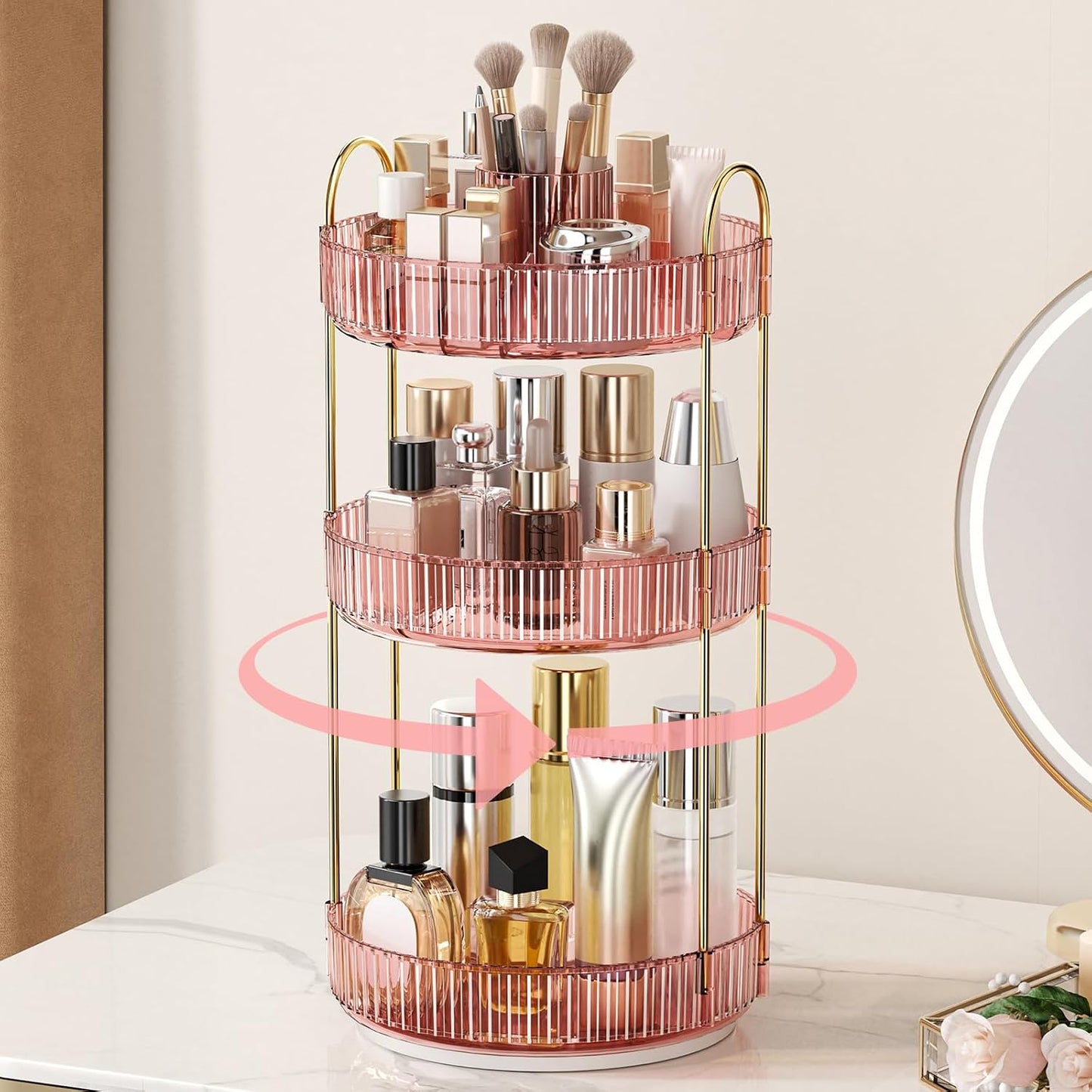 360° Rotating Makeup Organizer - Upgraded 3-Tier Skincare & Perfume Storage | Clear Dresser Organizer with Brush Holder (Amber)